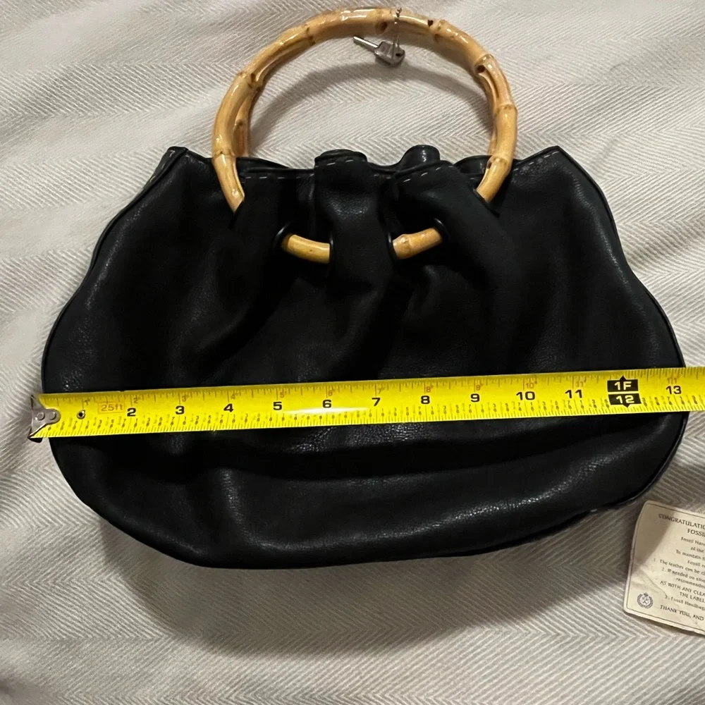 Black Leather Tote with Bamboo Handles - Elegant Women's Bag